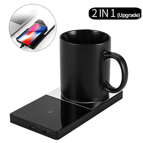 2 In 1 Heating Mug Cup Warmer Electric Wireless Charger For Home Office Coffee Milk