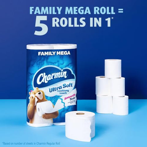 Charmin Ultra Soft Cushiony Touch Toilet Paper, 24 Family Mega Rolls = 123 Regular Rolls