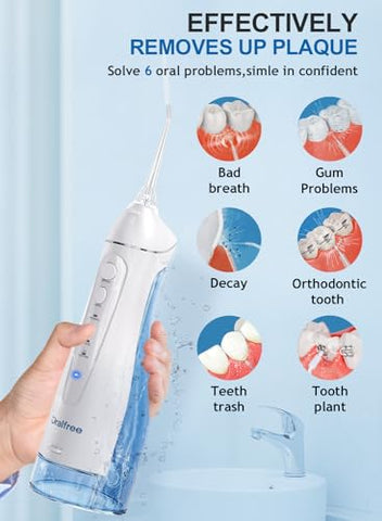 Oralfree Water Dental Flosser Cordless for Teeth Cleaning - 4 Modes Oral Irrigator 300ML Braces Flossers Cleaner, Rechargeable Portable IPX7 Waterproof Powerful Battery for Travel Home