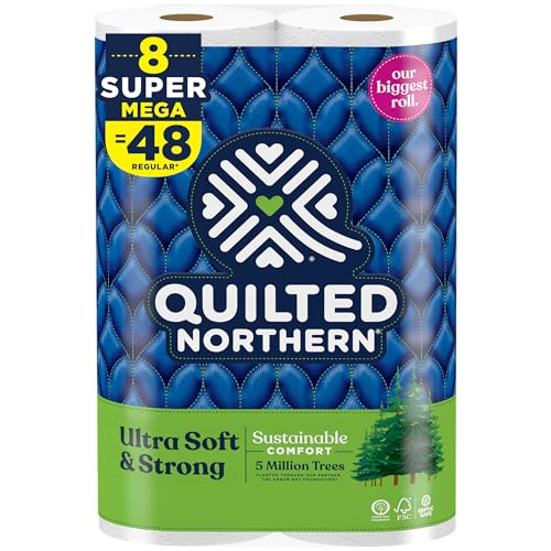QUILTED NORTHERN ULTRA SOFT & STRONG TOILET PAPER, 8 SUPER MEGA ROLLS = 48 REGULAR ROLLS, SUSTAINABLE, PREMIUM SOFT TOILET TISSUE