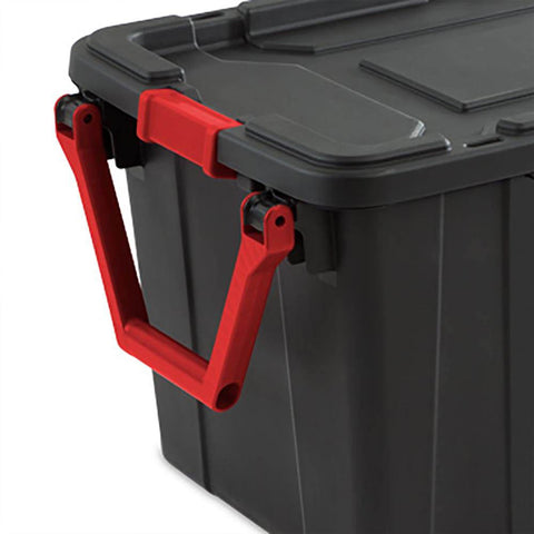 Sterilite 40 Gal Wheeled Industrial Tote, Stackable Storage Bin with Latch Lid, Plastic Container with Heavy Duty Latches, Black Base and Lid, 4-Pack