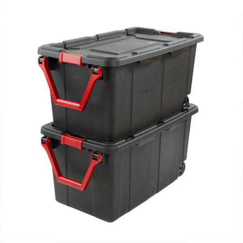 Sterilite 40 Gal Wheeled Industrial Tote, Stackable Storage Bin with Latch Lid, Plastic Container with Heavy Duty Latches, Black Base and Lid, 4-Pack