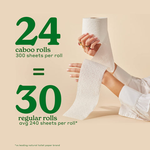 Caboo Tree Free Toilet Paper, Tree Free, Septic Safe Toilet Tissue, Eco Friendly, Biodegradable, Chemical Free 2 Ply Toilet Paper, Pack of 24 Double Rolls, 300 Sheets Per Toilet Paper Roll