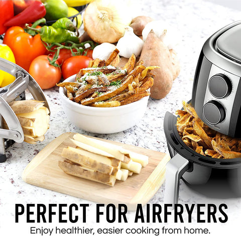 POP AirFry Mate, Commercial Grade Stainless Steel French Fry Cutter, Vegetable and Potato Slicer, 2 Blade Sizes, Non-Slip Suction Base, Perfect for Air Fryer (Not for Sweet Potatoes)