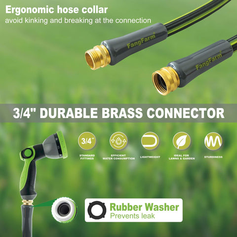 FangFarm 25ft Expandable Garden Hose, Durable Nano Rubber, 8-Function Spray, Lightweight with 3/4 inch Solid Brass Connectors, Leak-Proof