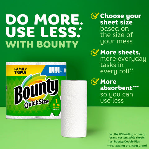 Bounty Quick-Size Paper Towels, White, 12 Family Triple Rolls = 36 Regular Rolls