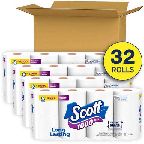 Scott 1000 Trusted Clean Toilet Paper, 32 Rolls, Septic-Safe, 1-Ply Toilet Tissue