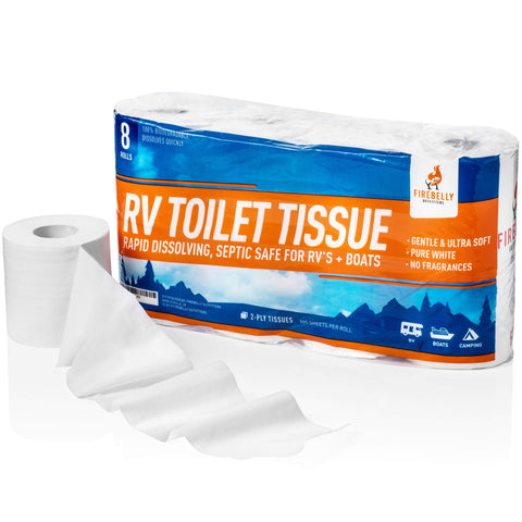 RV Toilet Paper, Septic Tank Safe-MADE IN THE USA- 8 Rolls,2-Ply 500 Sheets - Fast Dissolve Bath Tissue for Camping, Marine, RV Holding Tanks, Biodegradable - Firebelly Outfitters